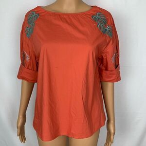 Marfinno Embroidered Floral Leaf Blouse Boho Small Orange Tangerine